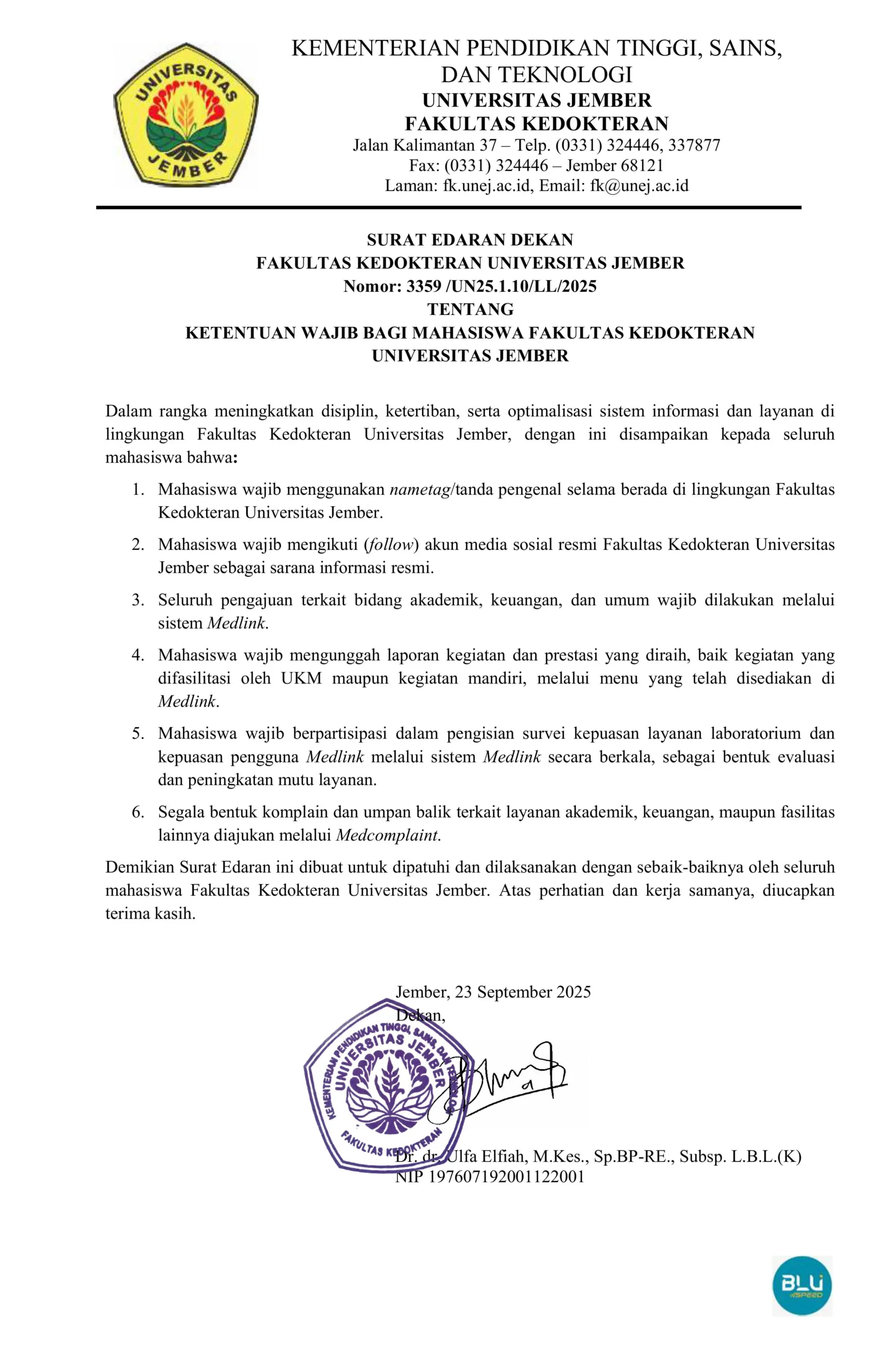 Surat Edaran Dekan tentang Ketentuan Wajib Bagi Mahasiswa FK UNEJ Surat Edaran